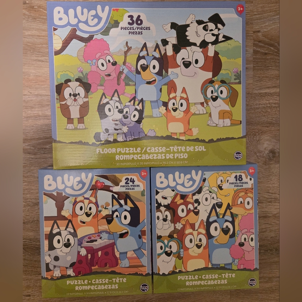 Bluey Puzzle Sets.  Includes 36-piece floor puzzle, 24, and 18 piece puzzles.